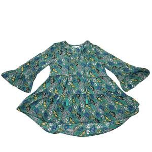 DR2 Boho Floral Print Bell Sleeve V-Neck Tiered High Low Peasant Blouse Size XS